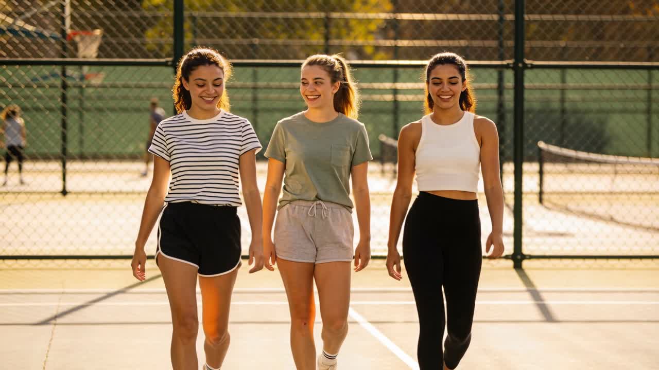 Tres mujeres con ropa deportiva caminando, charlando y sonriendo, acercándose a la cámara en una cancha soleada con aro.