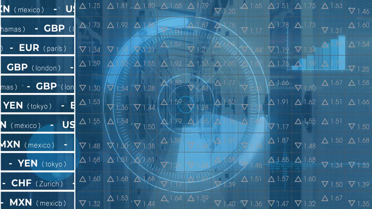 Animation of digital data processing and digital interface and grid over blue background