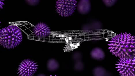 animación de células de macro coronavirus que se extienden sobre un dibujo técnico de un avión a reacción de pasajeros