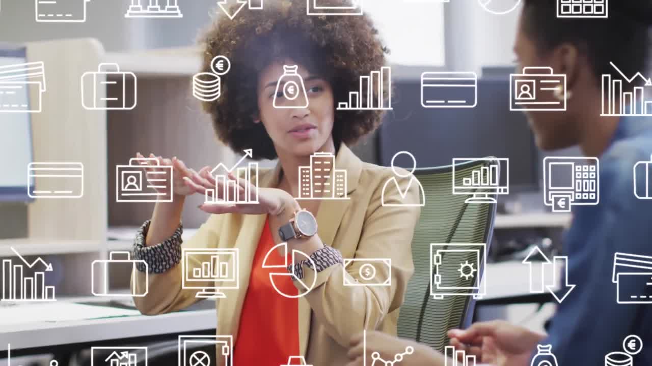 Animation of dna strand numbers and lines over business people wearing phone headsets