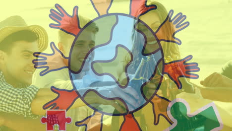 animation of colourful puzzle pieces and globe with hands over happy friends at summer beach party