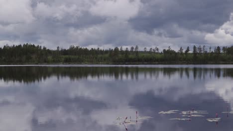 rainclouds over a swedish lake inside a forest with the water creating a mirror reflection in the water of the clouds and trees