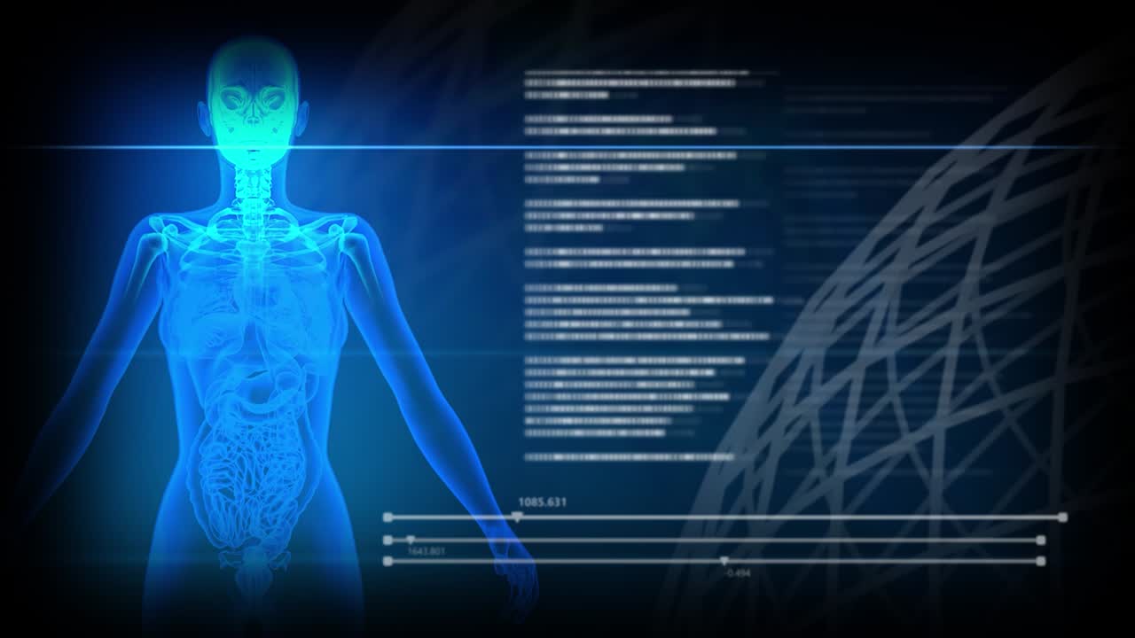 스레이 로 여성 몸과 골격 스캔 및 디지털 스크롤 텍스트 및 오버레이 또는 배경 사용을위한 회전 행성 효과 - 4k 60fps uhd 3d 애니메이션