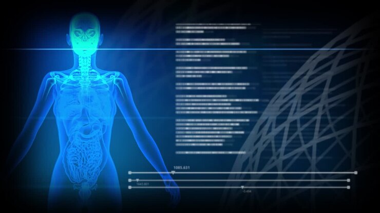 Seamless looping background with x-Ray roentgen woman body and skeleton scan and digital scroll text and rotating planet effects for overlay or backdrop use - 4K 60fps UHD 3D animation