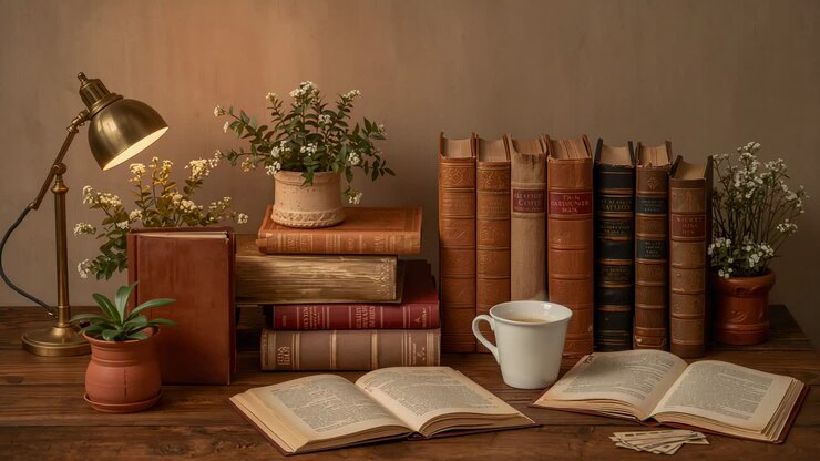 Telecamera che zooma riprendendo libri su un tavolo in studio, mostrando una lampada in ottone, una tazza bianca e cuoio caldo