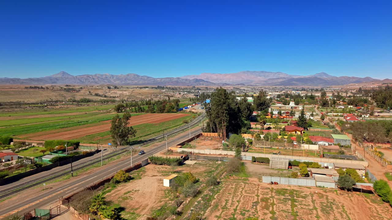 Aerial Panorama of Vallenar city, Huasco Valley, Chilean Andes Mountain Town