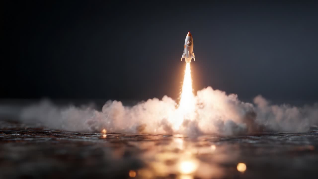 A stunning depiction of a rocket launch, characterized by dynamic flames, sparks, and smoke, capturing the moment of ignition and ascent in an awe-inspiring visual spectacle