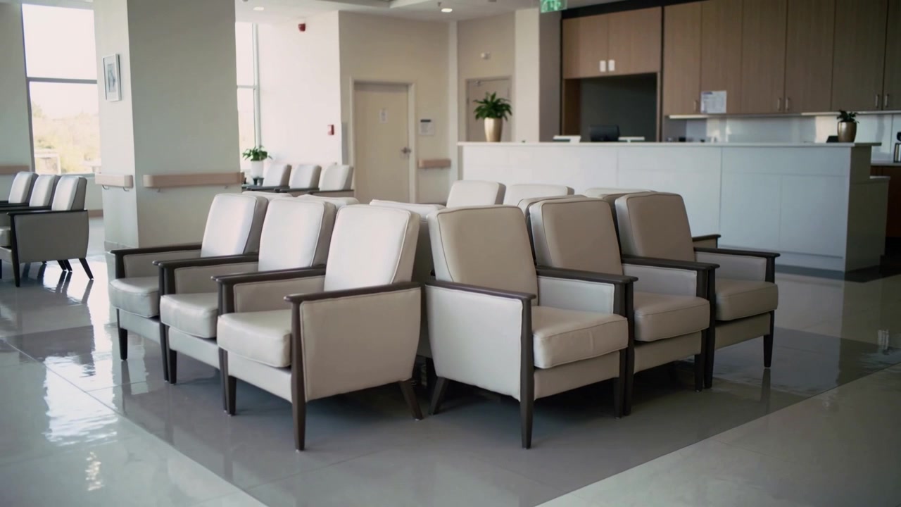 Panning camera revealing beige chairs and reception desk in clinic lobby, exposing left window view