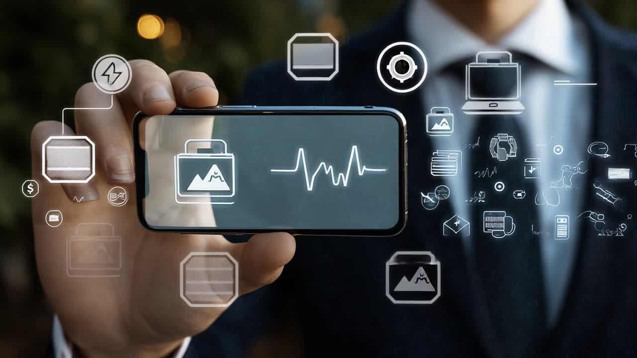 A professional individual holds a smartphone showcasing a vibrant interface filled with data graphics, illustrating the intersection of technology, health, and individuality in a business context
