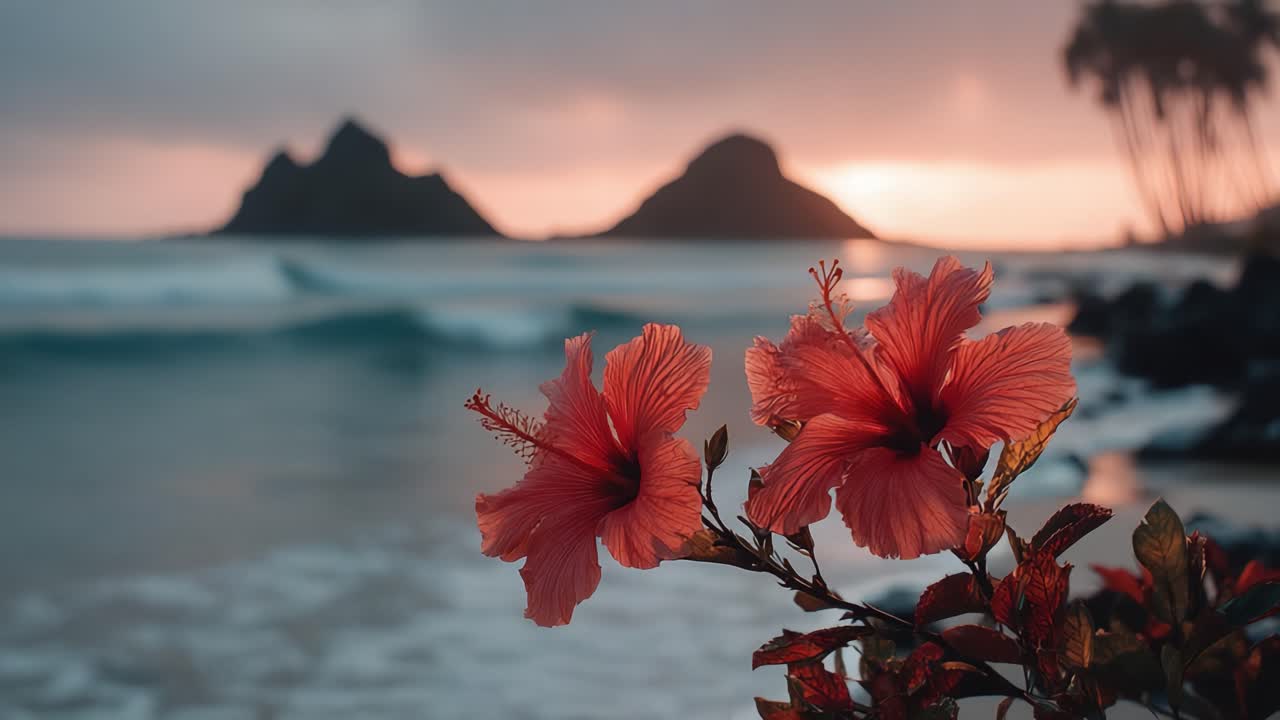 Stunning Sunset Over Tropical Beach with Vibrant Hibiscus Flowers in the Foreground, Capturing the Essence of Nature's Beauty and Serenity