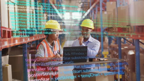 animation of data processing over diverse people working in warehouse
