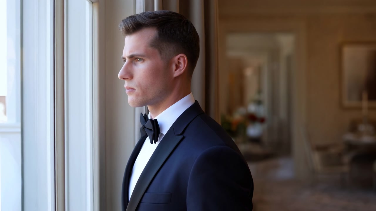Sposo caucasico in smoking guarda fuori dalla finestra, contemplando i voti nuziali in una lussuosa suite d'hotel, con luce naturale soffusa.