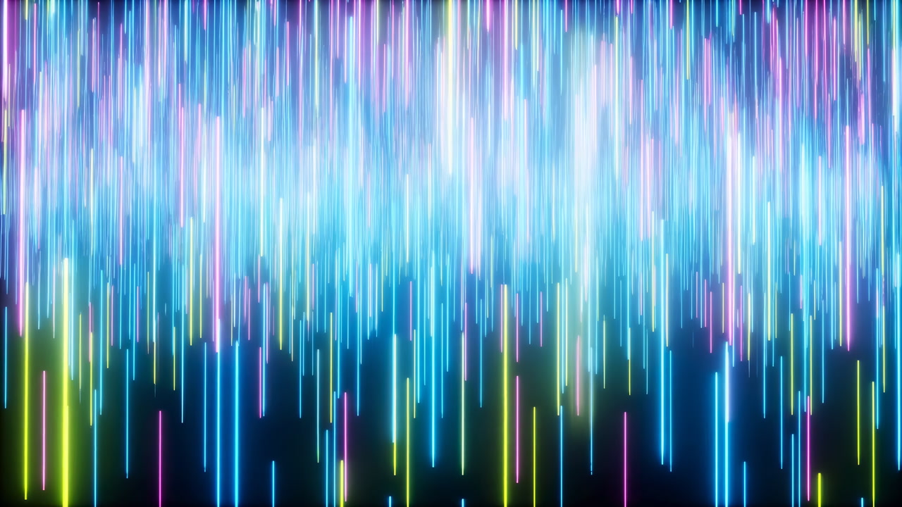 Neon Vertical Light Streaks Over Dark Stage, Pulsing Energy And Colorful Glow, Stage Technician Vibe Perfect