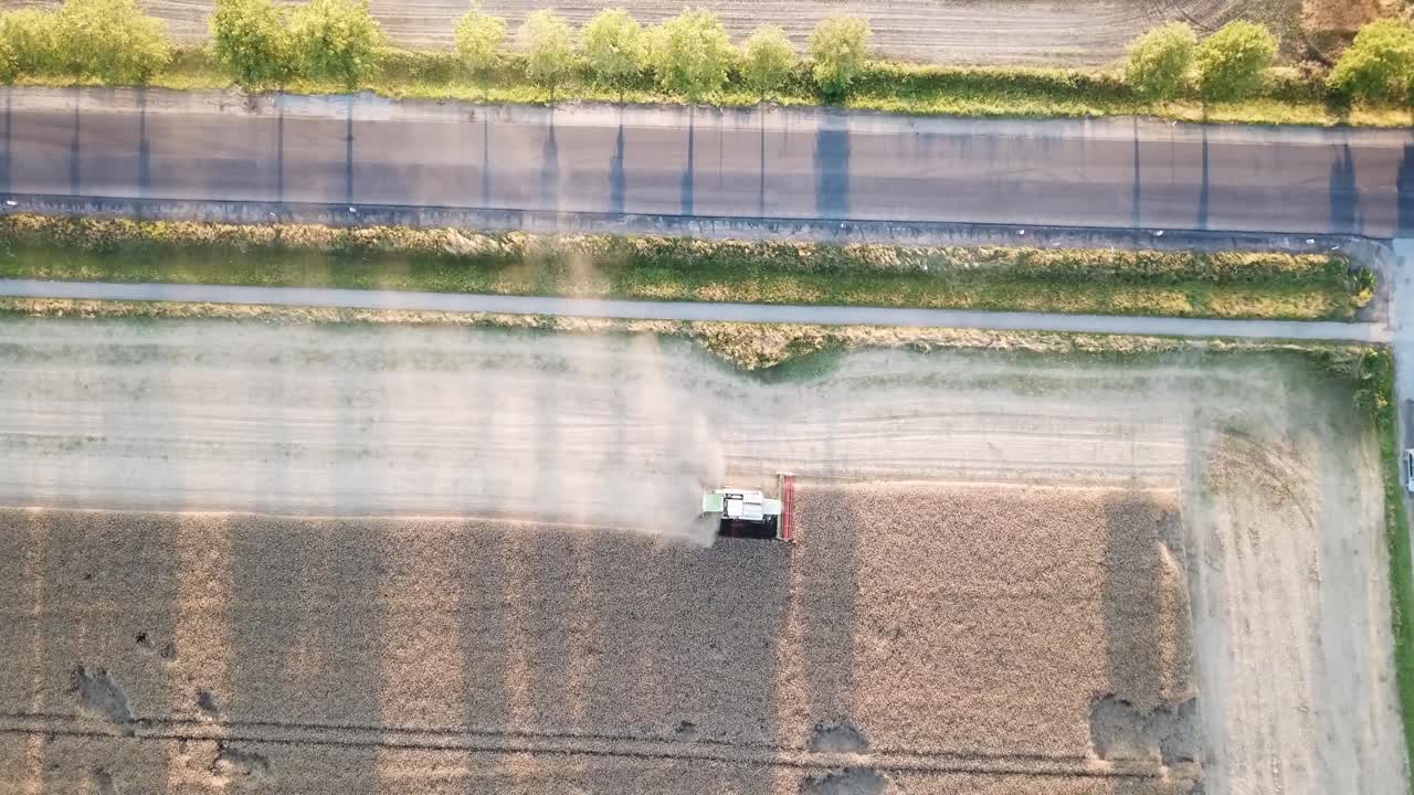 골목이 있는 도로 옆 들판에서 일하는 결합 수확기의 상위 뷰