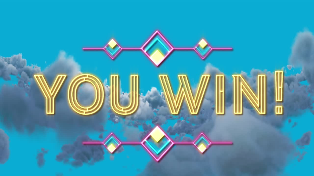 푸른 배경의 구름 위에 네온 텍스트와 패턴을 이기는 애니메이션