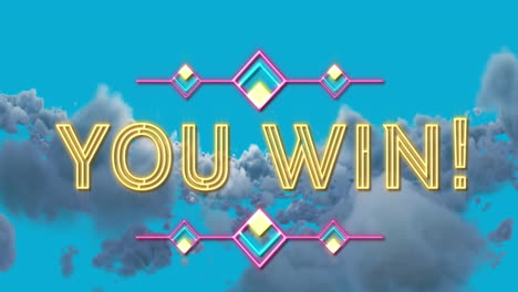 animation of you win neon text and pattern over clouds on blue background