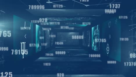 Animation of data processing over tunnel of screens