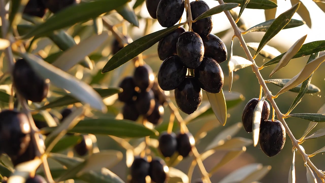 Primo piano di olive nere mature su un ramo di ulivo