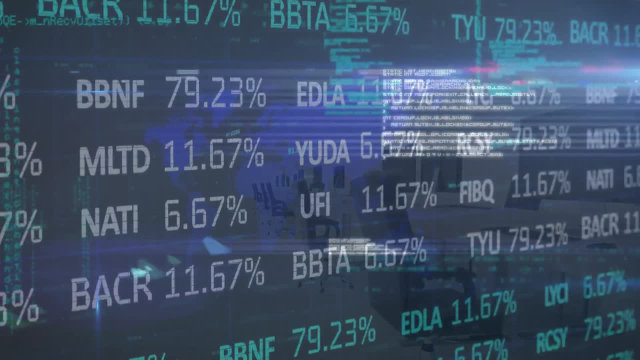 Animation of trading board, computer language over map against empty meeting room of office