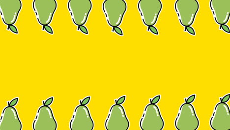 animation of two rows of green pears moving at top and bottom of yellow background