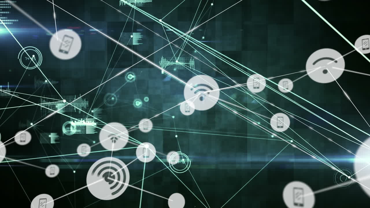 animación de la red de conexiones con iconos en fondo negro