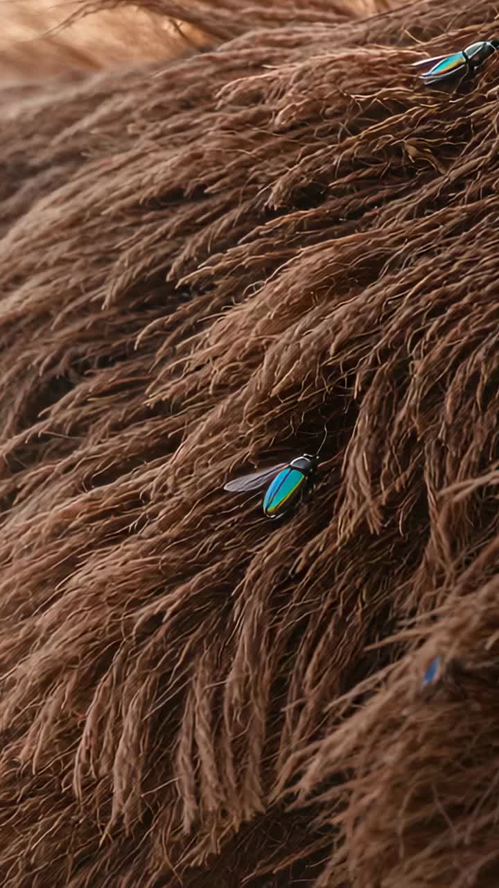 Vertical video: Shifting metallic green-blue beetles crawling on brown fur, dark beetle lifting off