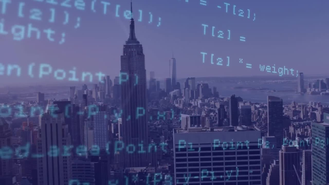 都市風景上のデータ処理のアニメーション