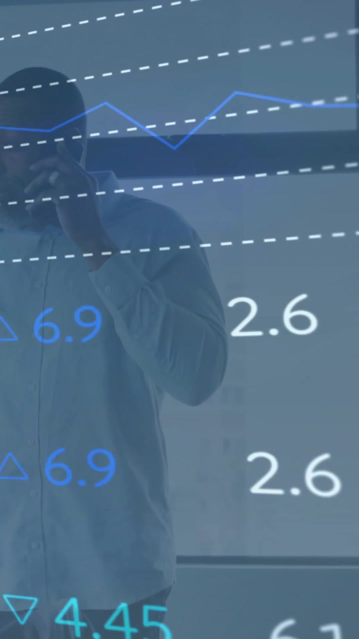 Video verticale: Avvio del flusso di dati, uomo che tiene il telefono e gesticola mentre i grafici si aggiornano per l'analisi.