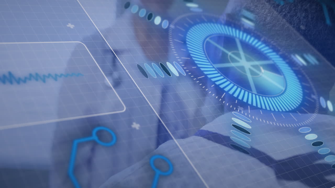 Healthcare professionals using medical technology with data processing animation overlay