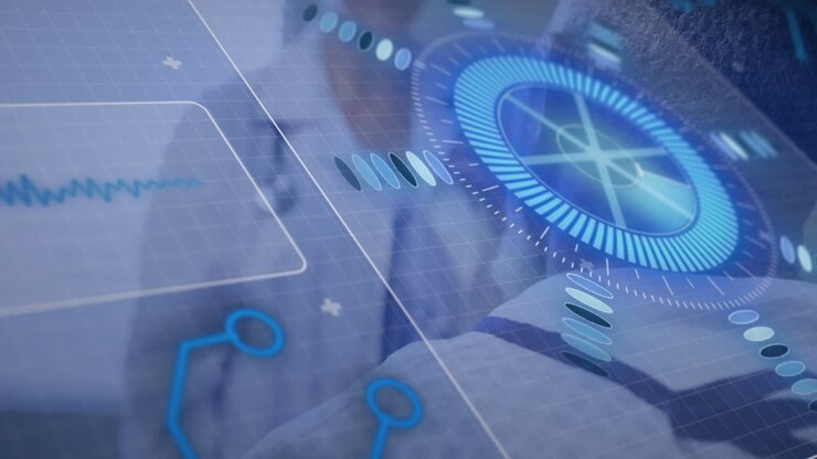 Healthcare professionals using medical technology with data processing animation overlay