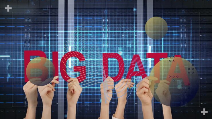 Hands holding red letters spelling BIG DATA, holographic grid floating over server racks 3D render