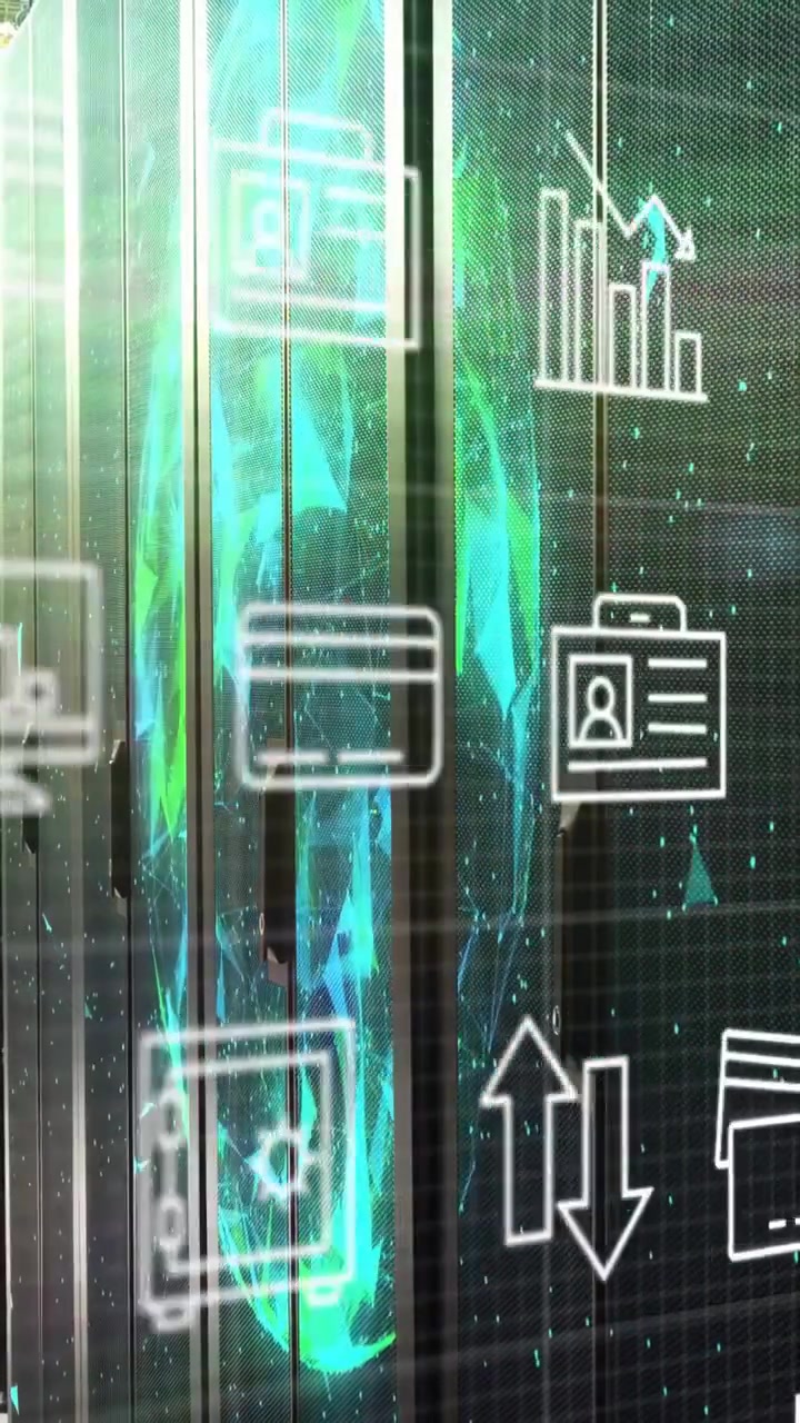 Teal crystalline column rotating and pulsing, initiating financial icons scrolling on glass HUD