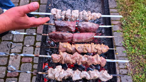 skewered meat grilling over open flame at backyard barbecue with bright coals and hot smoke, hand talks about meat options