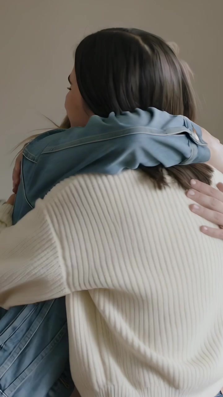 Video verticale: Donna con giacca di jeans che si protende e abbraccia un'amica per salutarla a casa, maglione color crema, anello