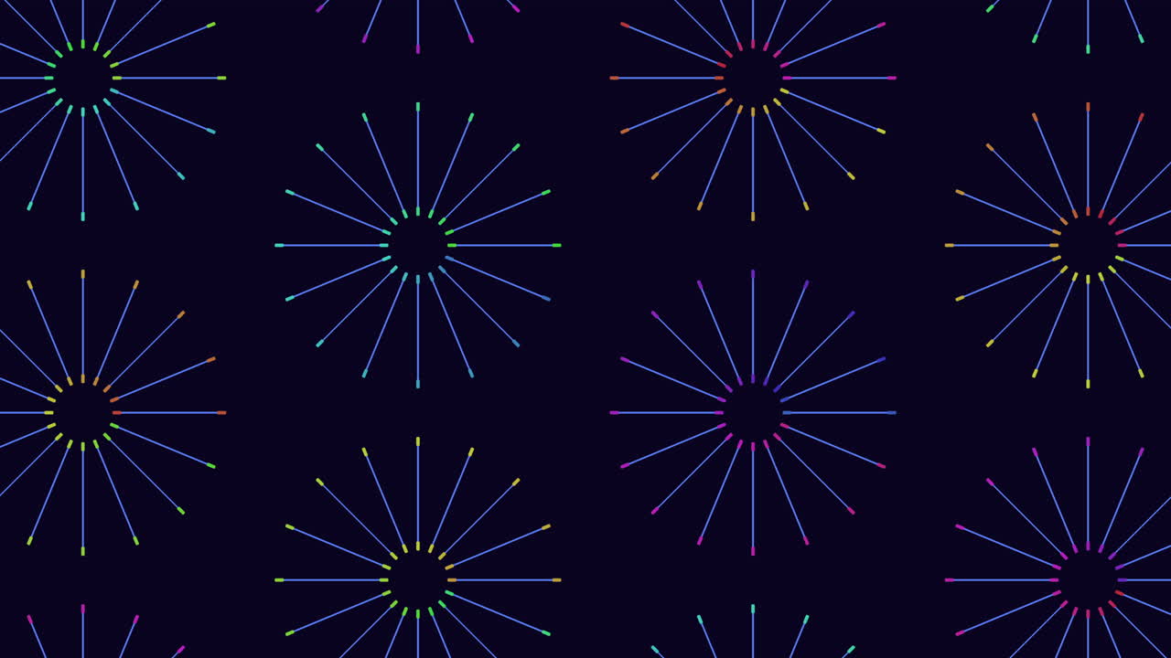 Linee vibranti e radianti, motivo continuo colorato su sfondo scuro