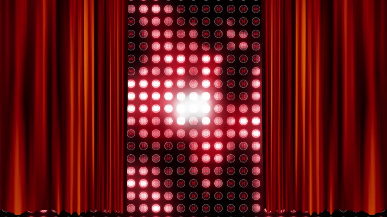 Animazione di tende rosse che rivelano più file di luci rosse luminose di un display digitale.