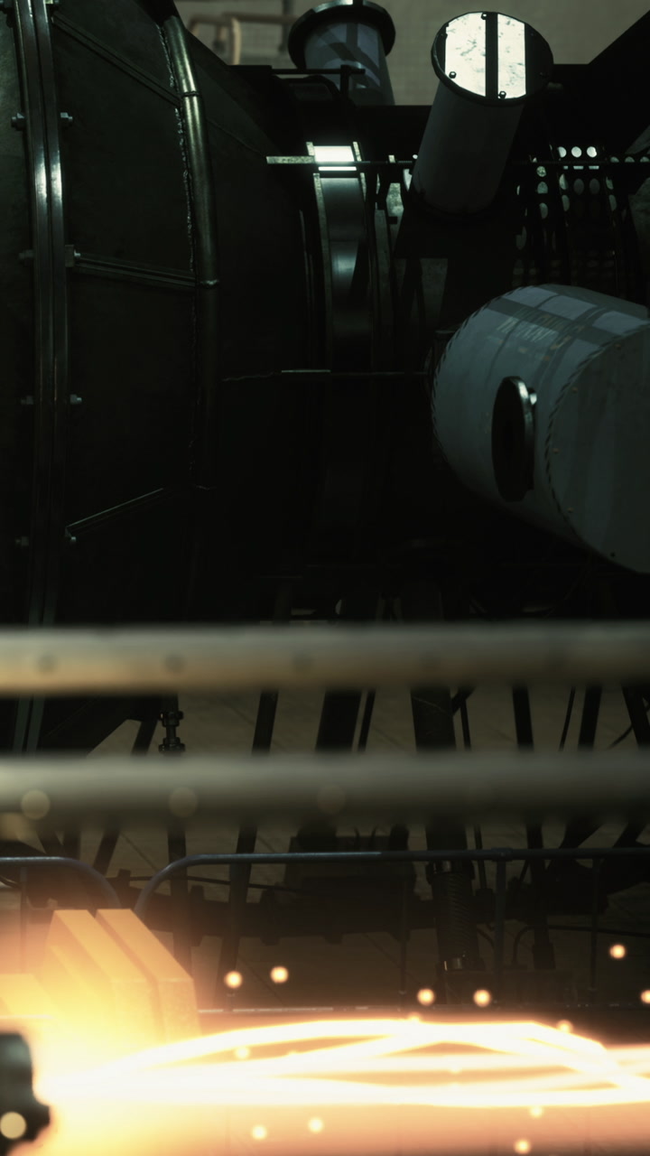 Powerful machinery operates within a dimly lit industrial facility