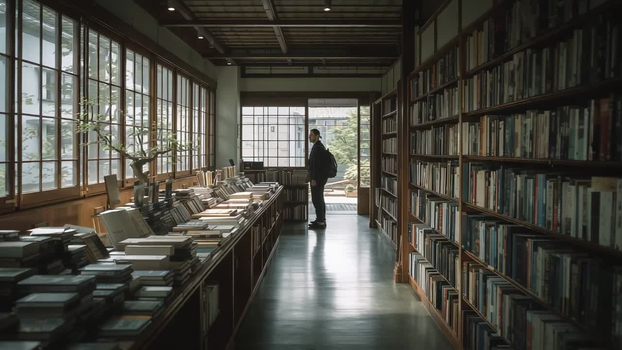 Stepping man in dark jacket, backpack, pausing in bookstore, browsing books and glancing outside