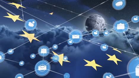 red de iconos digitales sobre la bandera de la ue contra las nubes y la luna en el cielo nocturno