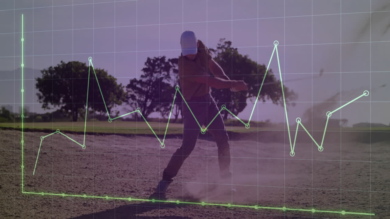 Mature male golfer swinging from sand bunker, showing golf analytics with neon-green graph overlay