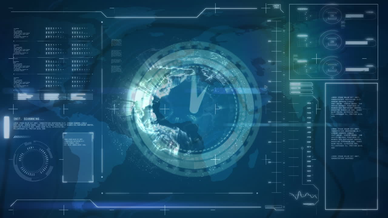 Animation of moving clock and diverse data over globe