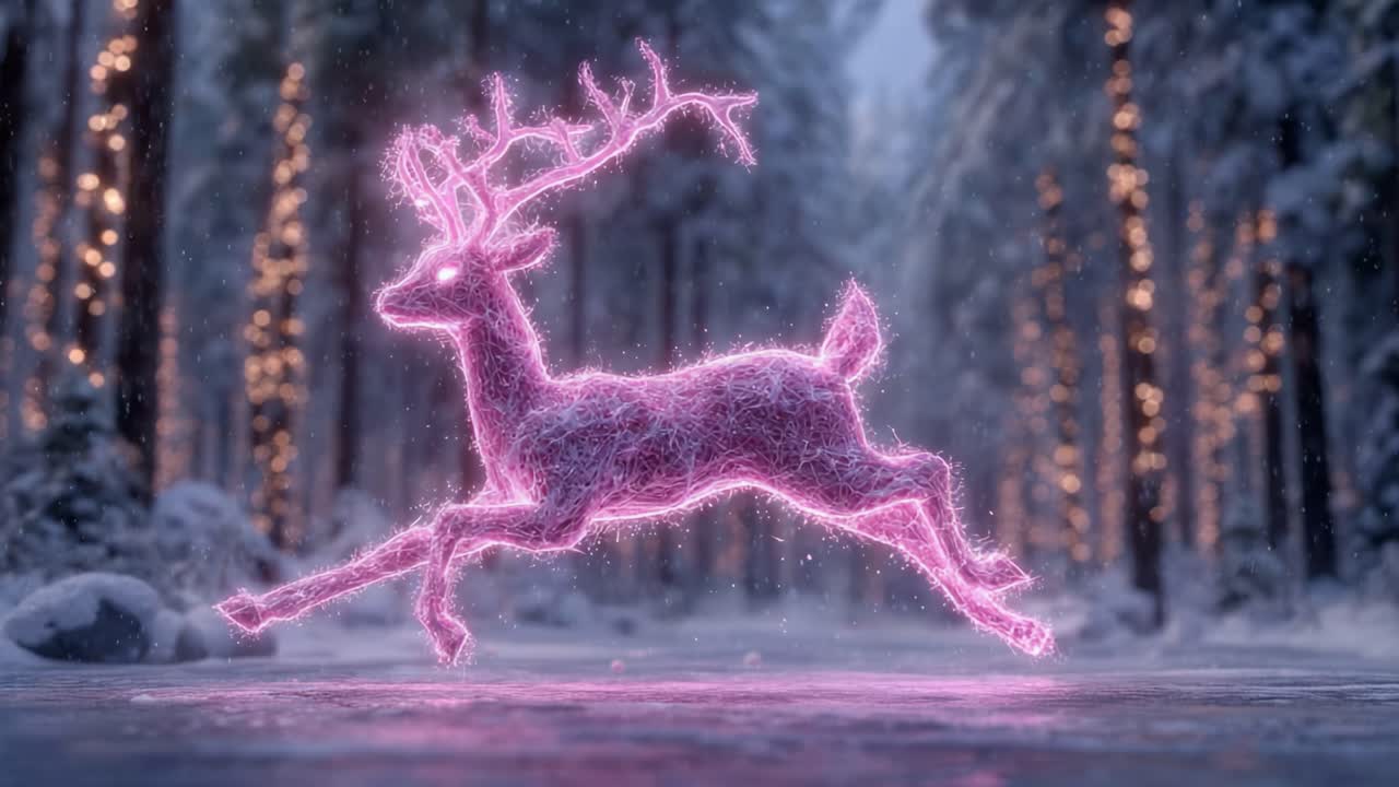 En majestetisk glød: En fortryllende rosa hjort hopper grasiøst gjennom en mystisk vinterskog, opplyst av eteriske lys og omgitt av mykt snøfall