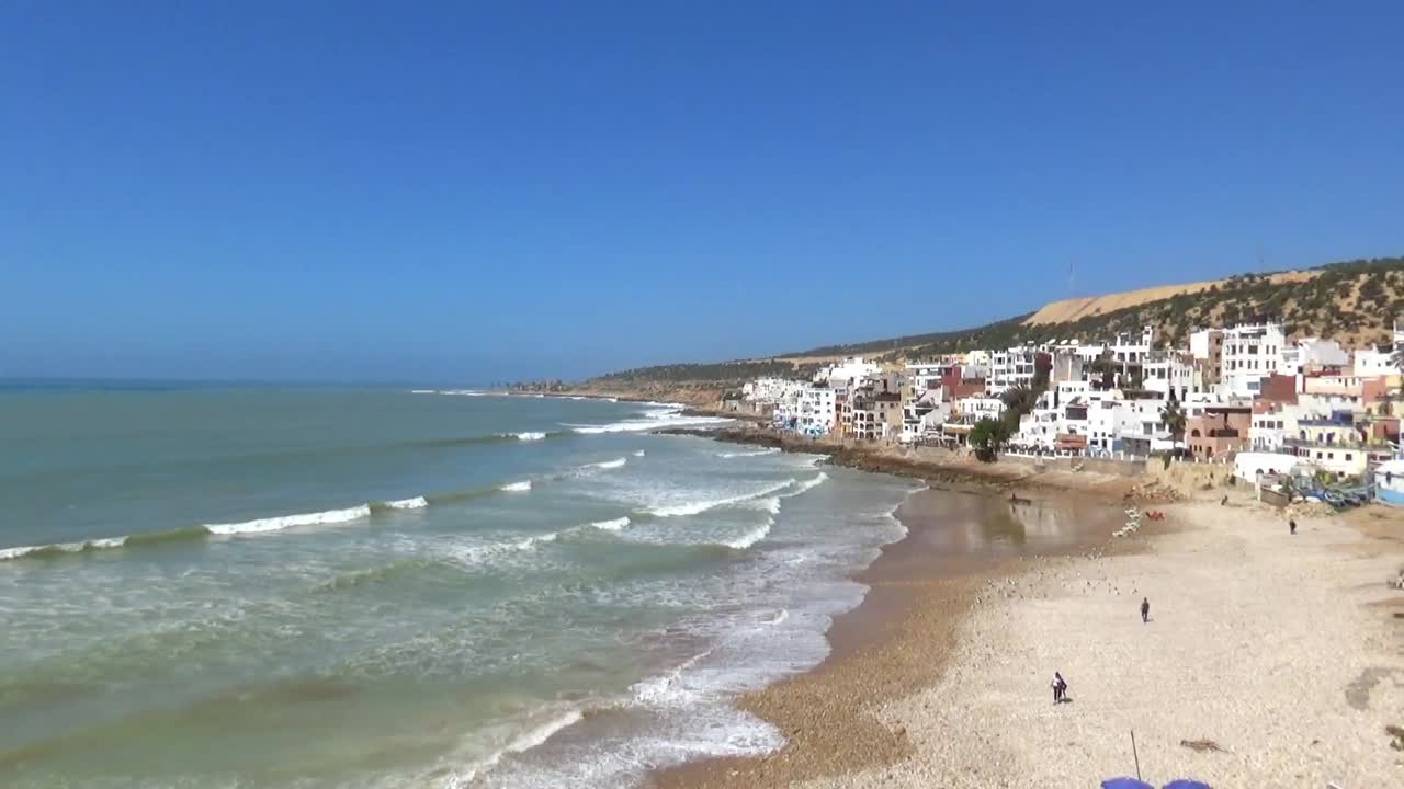 panning shot across Taghazout beach Morocco