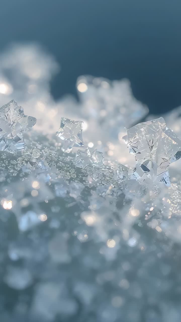 Vertical video: Shifting camera focusing on faceted star crystals on frost bed to reveal facets