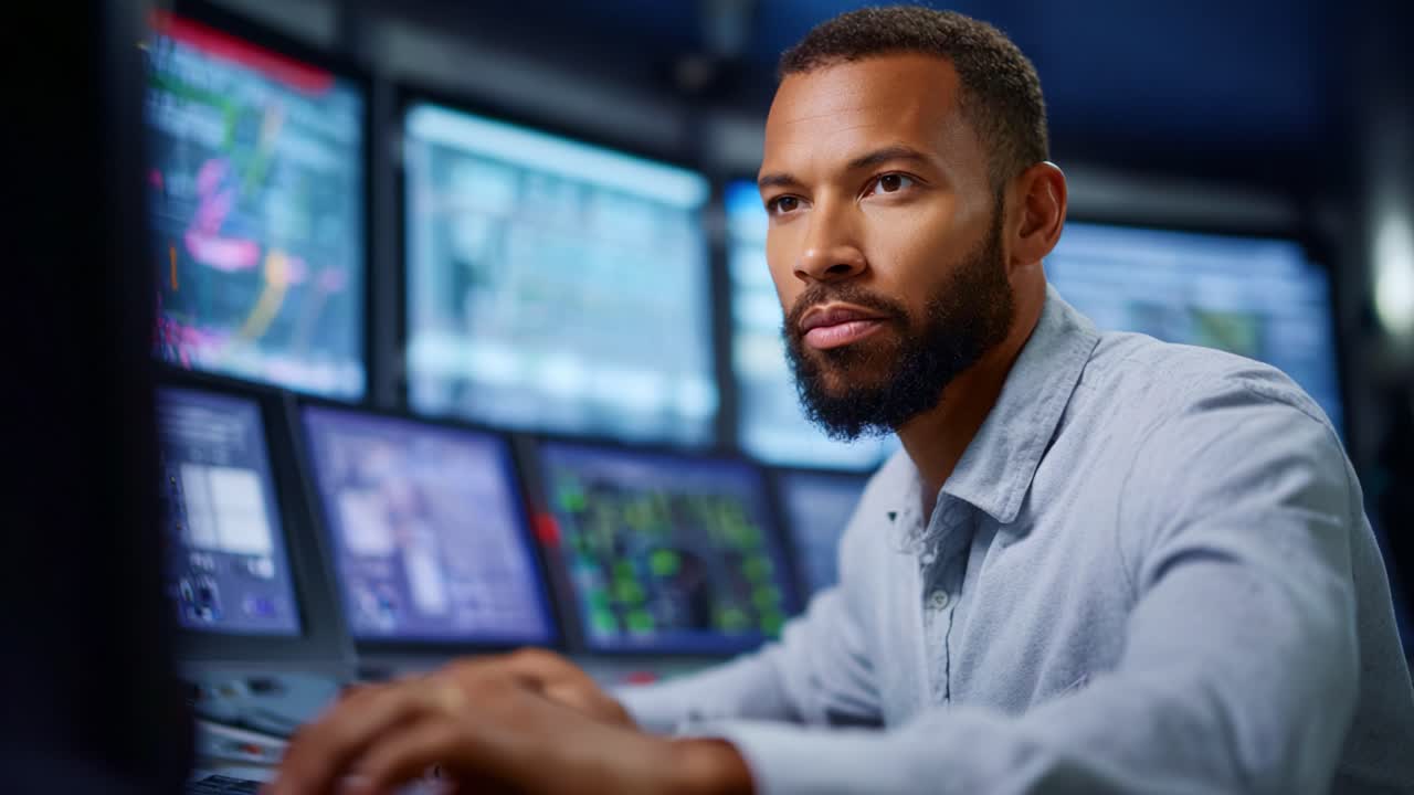 Focused Data Analyst Engaged with Advanced Monitoring Systems in a High-Tech Control Room, Analyzing Visualizations and Making Critical Decisions for Operations