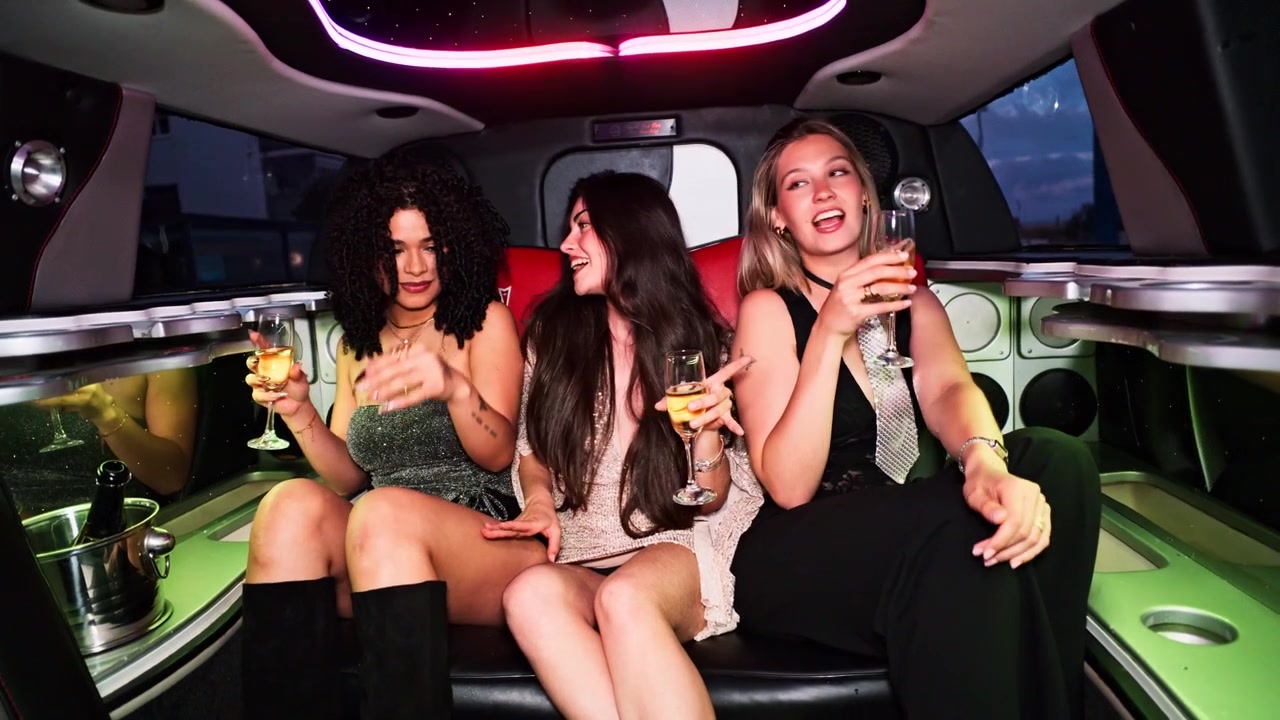 Tres mujeres jóvenes celebrando con champán en una limusina de lujo