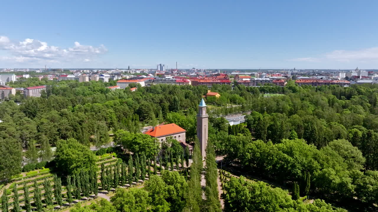 Aerial view orbiting the Hietaniemi chapel, sunny, summer day in Helsinki