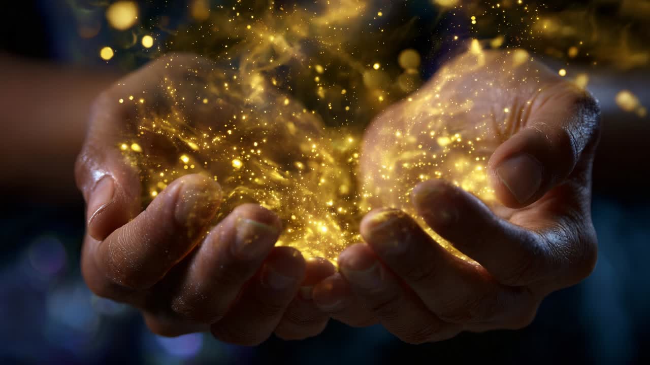 A Captivating Display of Golden Sparkles Emanating from Outstretched Hands, Symbolizing the Power of Creativity, Transformation, and the Intriguing Concept of Manifestation Through Energy and Light