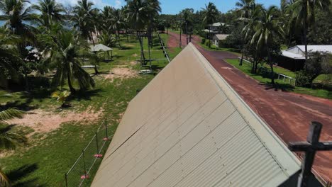 Aerial-rearward-clip-of-abandoned-church-in-remote-tropical-Australia