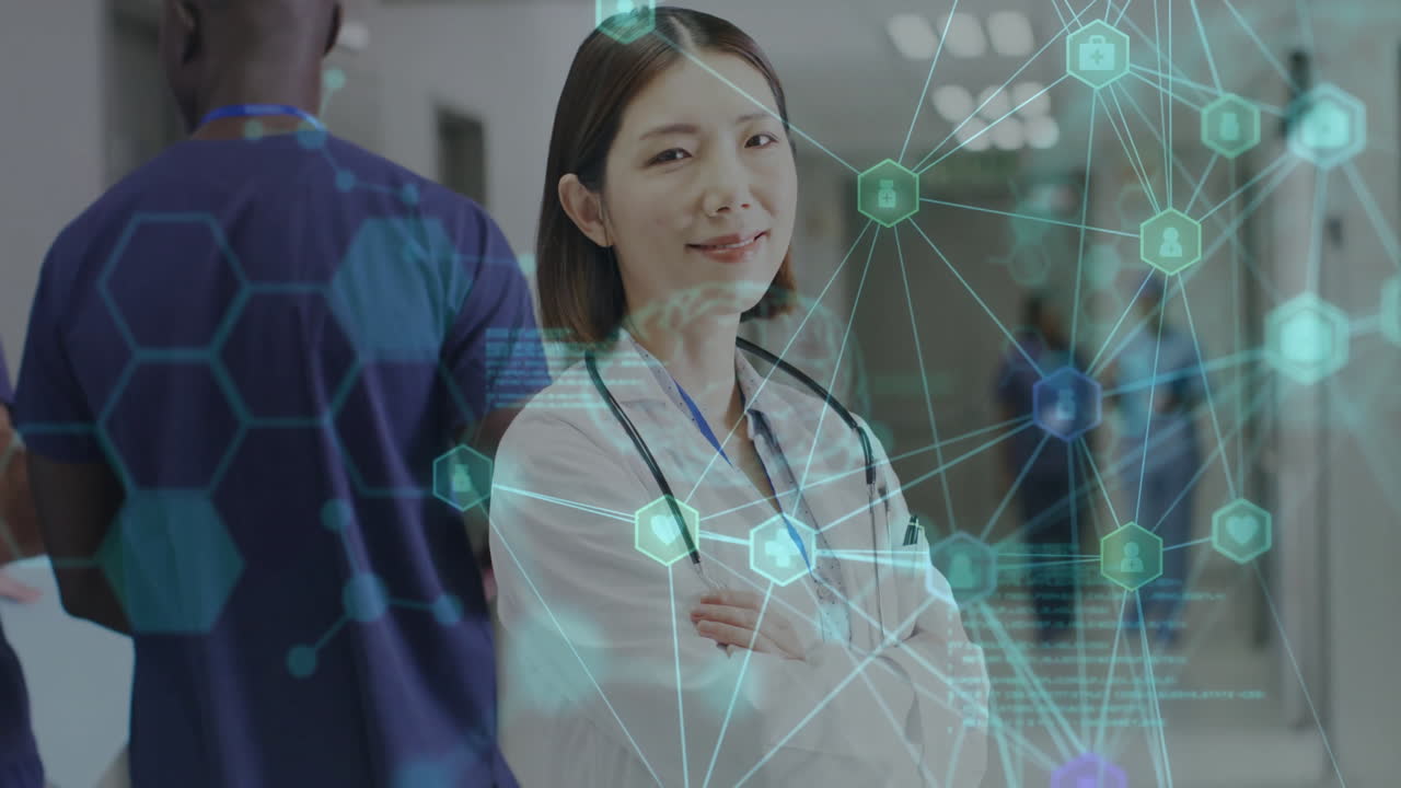 Animation of connections and data processing over asian female doctor in hospital